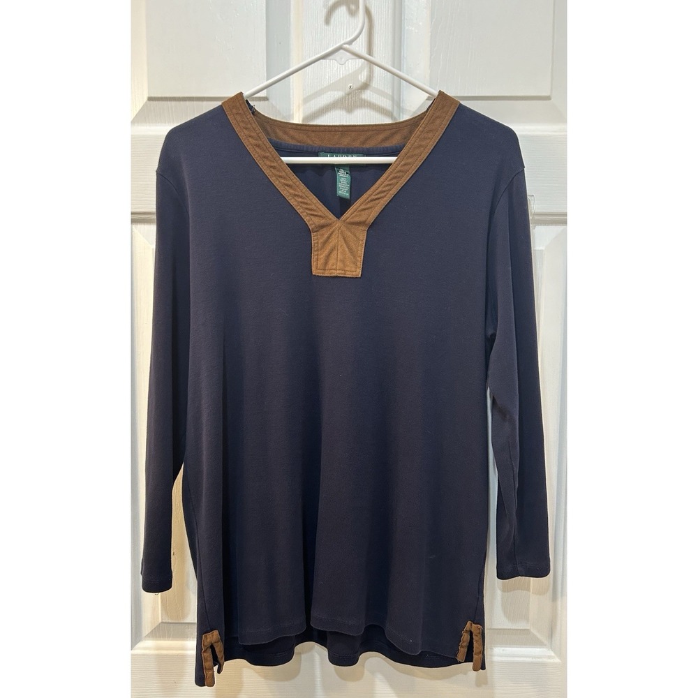 Lauren Ralph Lauren Navy V Neck Popover Tunic Top Sz XL Micro Suede Trim Western